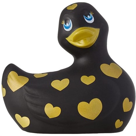 Черный вибратор-уточка I Rub My Duckie 2.0 Romance с золотистым принтом - фото 287245