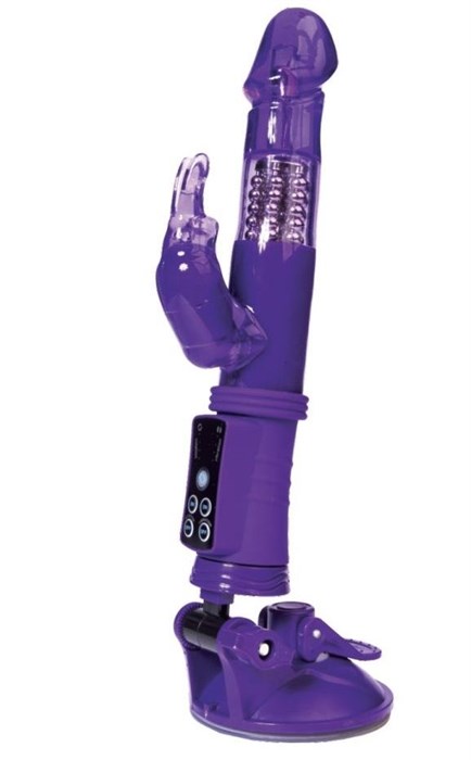 Фиолетовый вибратор с вращением бусин, клиторальным зайчиком и надёжной присоской - фото 293239