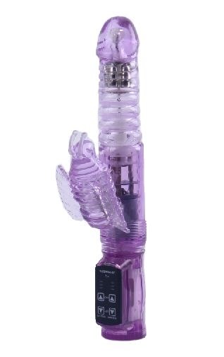 Фиолетовый вибратор с ротацией, функцией Up Down и клиторальной бабочкой - 23,5 см. - фото 294342