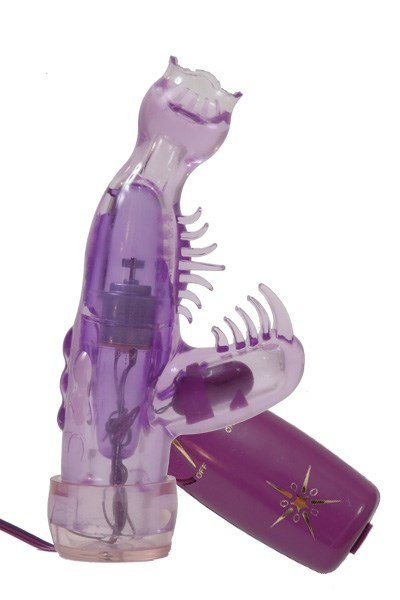 Фиолетовый мини-вибратор со стимулятором клитора - 13 см. - фото 295546