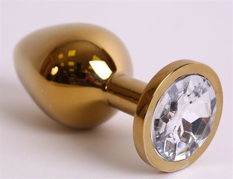 Большая золотистая анальная пробка с прозрачным кристаллом - 9,5 см. - фото 299512