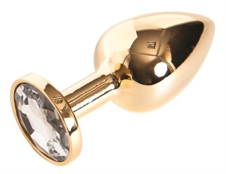 Золотистая маленькая анальная втулка с прозрачным кристаллом - 6 см. - фото 299986
