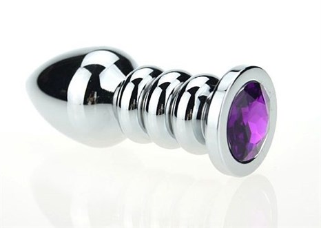 Серебристая фигурная анальная пробка с фиолетовым кристаллом - 10,3 см. - фото 300967