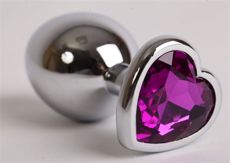 Серебристая анальная пробка с фиолетовым стразиком-сердечком - 8 см. - фото 301568