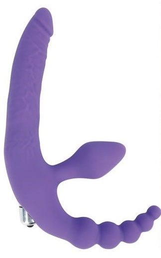 Фиолетовый безремневой страпон с анальным отростком и вибрацией - 15 см. - фото 305330