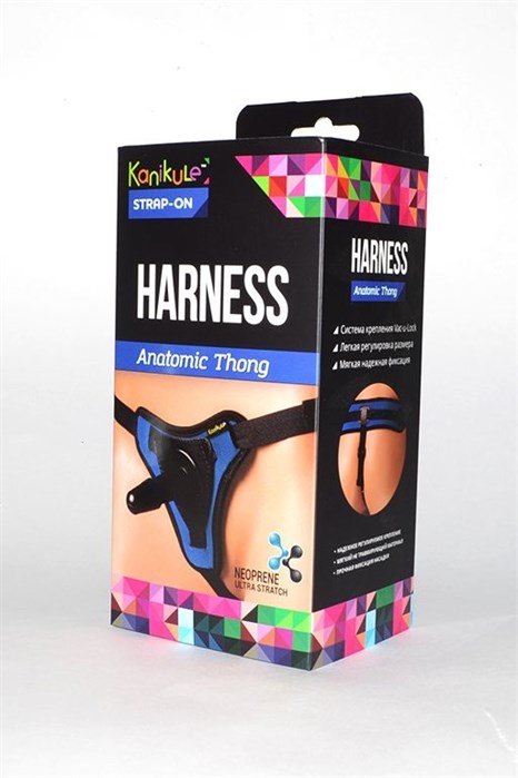 Сине-чёрные трусики с плугом Kanikule Strap-on Harness Anatomic Thong - фото 305570