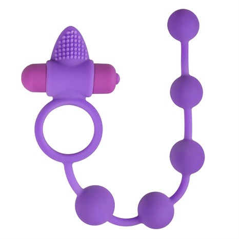 Фиолетовое эрекционное виброкольцо с анальной цепочкой Triple Pleasure - фото 312597