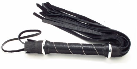 Чёрная кожаная плётка с белой строчкой на рукояти - 45 см. - фото 328660