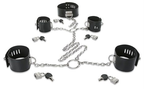 Набор для фиксации: наручники, оковы и ошейник, соединённые цепями и кольцами - фото 329621