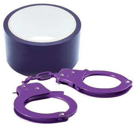 Набор для фиксации BONDX METAL CUFFS AND RIBBON: фиолетовые наручники из листового материала и липкая лента - фото 331812
