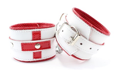 Бело-красные кожаные наручники  Медсестричка - фото 332249