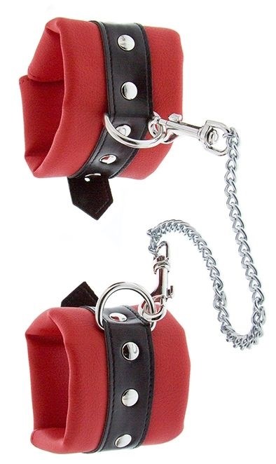 Красно-чёрные наручники на металлической цепочке - фото 332611