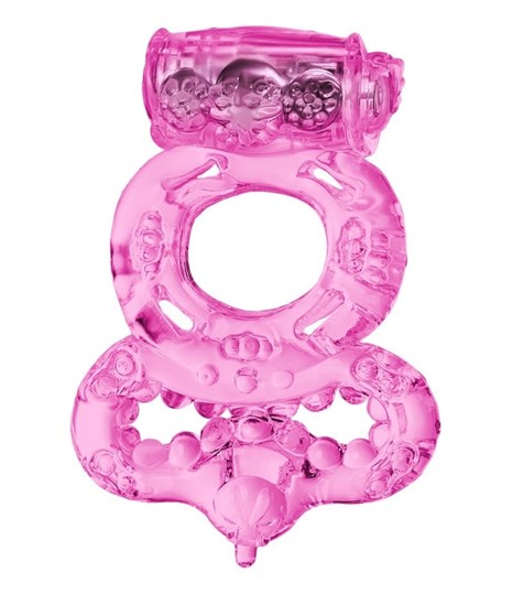 Розовое эрекционное кольцо с вибратором и подхватом - фото 384212