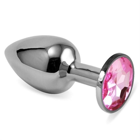 Небольшая серебристая анальная втулка с розовым кристаллом - 7,6 см. - фото 387109