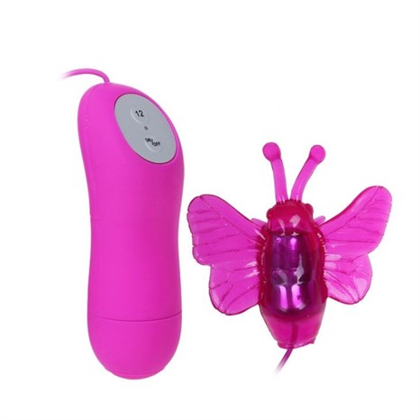Розовый вибростимулятор с насадкой в виде бабочки - фото 389068