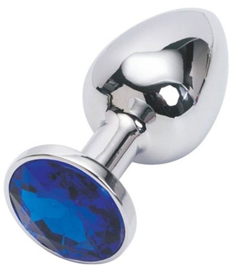 Серебряная металлическая анальная пробка с синим стразиком - 7,6 см. - фото 394311