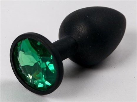 Черная силиконовая анальная пробка с зеленым стразом - 7,1 см. - фото 394639