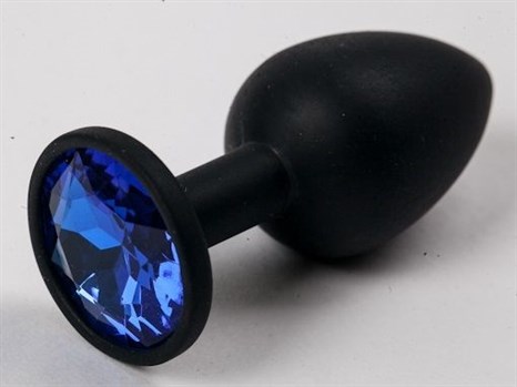 Черная силиконовая анальная пробка с синим стразом - 7,1 см. - фото 394644