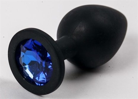 Черная силиконовая анальная пробка с синим стразом - 8,2 см. - фото 394645