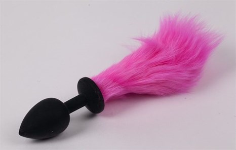 Черная силиконовая анальная пробка с розовым хвостиком - фото 394648