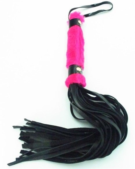 Черная плеть с розовой меховой рукоятью - 44 см. - фото 394801