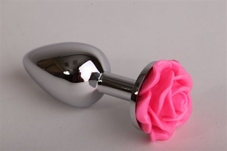 Серебристая анальная пробка с розовой розочкой - 7,6 см. - фото 395228