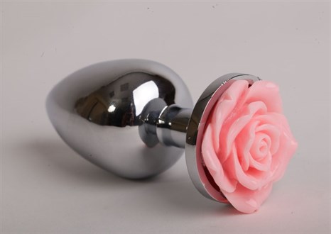 Серебристая анальная пробка со светло-розовой розочкой - 7,6 см. - фото 395229