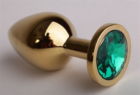 Золотистая анальная пробка с зеленым кристаллом - 9,5 см. - фото 395340