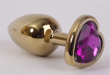 Золотистая анальная пробка с фиолетовым стразиком-сердечком - 7,5 см. - фото 395345