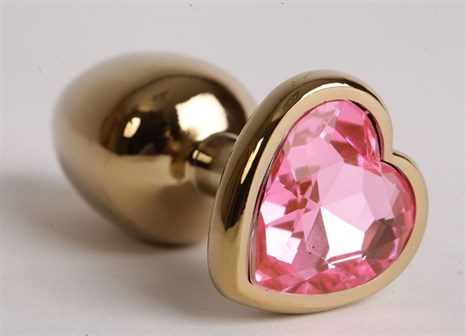 Золотистая анальная пробка с розовым стразиком-сердечком - 8 см. - фото 395349