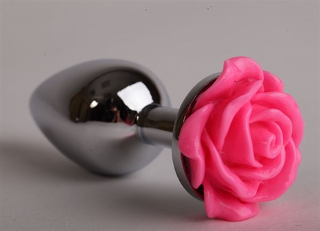 Серебристая анальная пробка с розовой розочкой - 8 см. - фото 395360