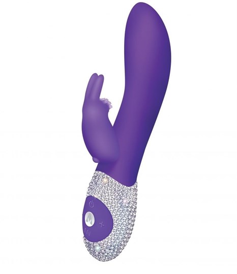 Фиолетовый вибромассажёр с клиторальным отростком и отделанной стразами рукоятью The Classic Rabbit - 22 см. - фото 395867