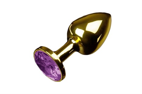 Маленькая золотистая анальная пробка с круглым кончиком и фиолетовым кристаллом - 7 см. - фото 395945
