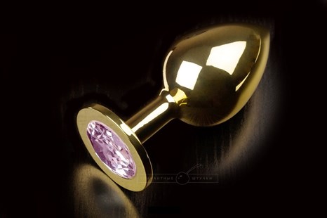 Большая золотая анальная пробка с закругленным кончиком и розовым кристаллом - 9 см. - фото 395952