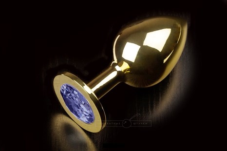 Большая золотая анальная пробка с закругленным кончиком и синим кристаллом - 9 см. - фото 395954