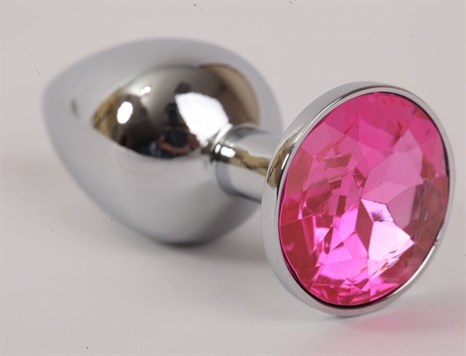 Серебряная металлическая анальная пробка с розовым стразиком - 8,2 см. - фото 397782