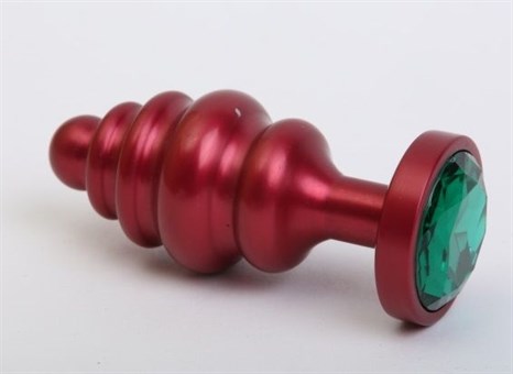 Красная ребристая анальная пробка с зеленым стразом - 7,3 см. - фото 397819
