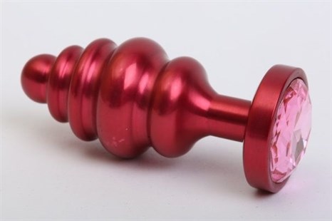 Красная ребристая анальная пробка с розовым стразом - 7,3 см. - фото 397821