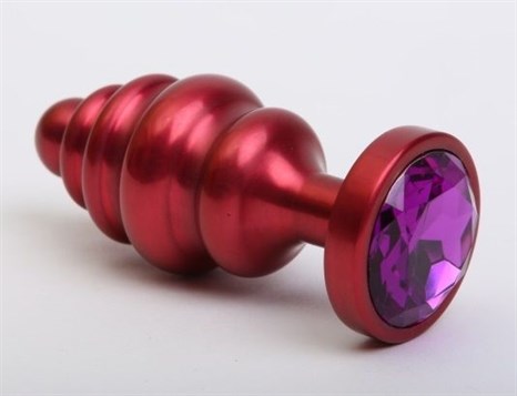 Красная ребристая анальная пробка с фиолетовым стразом - 7,3 см. - фото 397822