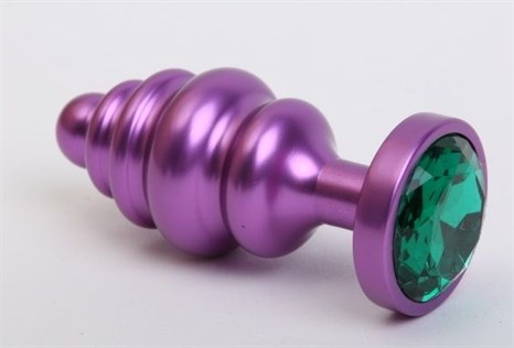 Фиолетовая ребристая анальная пробка с зеленым кристаллом - 7,3 см. - фото 397827