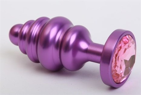 Фиолетовая ребристая анальная пробка с розовым кристаллом - 7,3 см. - фото 397828