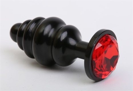 Чёрная ребристая анальная пробка с красным кристаллом - 7,3 см. - фото 397832