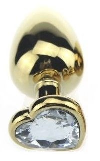Золотистая пробка с прозрачным кристаллом-сердечком - 7,5 см. - фото 397834