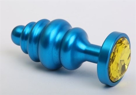 Синяя ребристая анальная пробка с жёлтым кристаллом - 7,3 см. - фото 397883