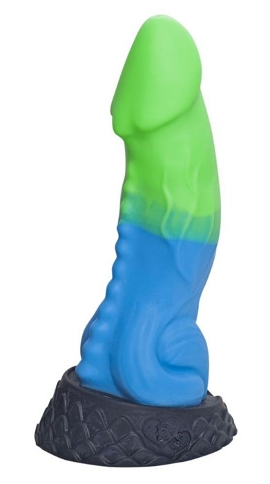 Голубой фаллоимитатор  Ночная Фурия Medium  с зелёным кончиком - 24,5 см. - фото 397892