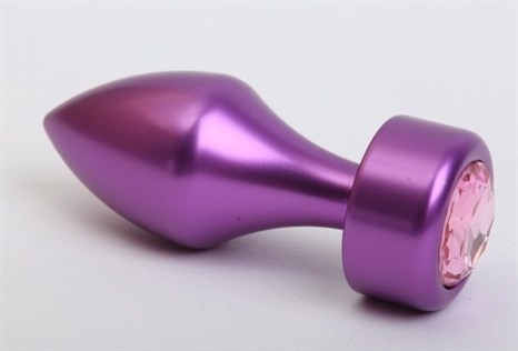 Фиолетовая анальная пробка с широким основанием и розовым кристаллом - 7,8 см. - фото 397929