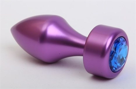Фиолетовая анальная пробка с широким основанием и синим кристаллом - 7,8 см. - фото 397930