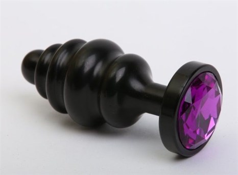 Чёрная ребристая анальная пробка с фиолетовым кристаллом - 7,3 см. - фото 397945