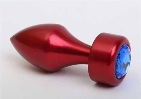 Красная анальная пробка с широким основанием и синим кристаллом - 7,8 см. - фото 398003