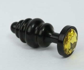 Чёрная ребристая анальная пробка с жёлтым кристаллом - 7,3 см. - фото 398259